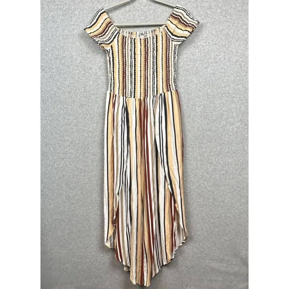 J for Justify Smocked Jumpsuit Womens L Multicolor Striped Wide Genie‎ Leg Boho